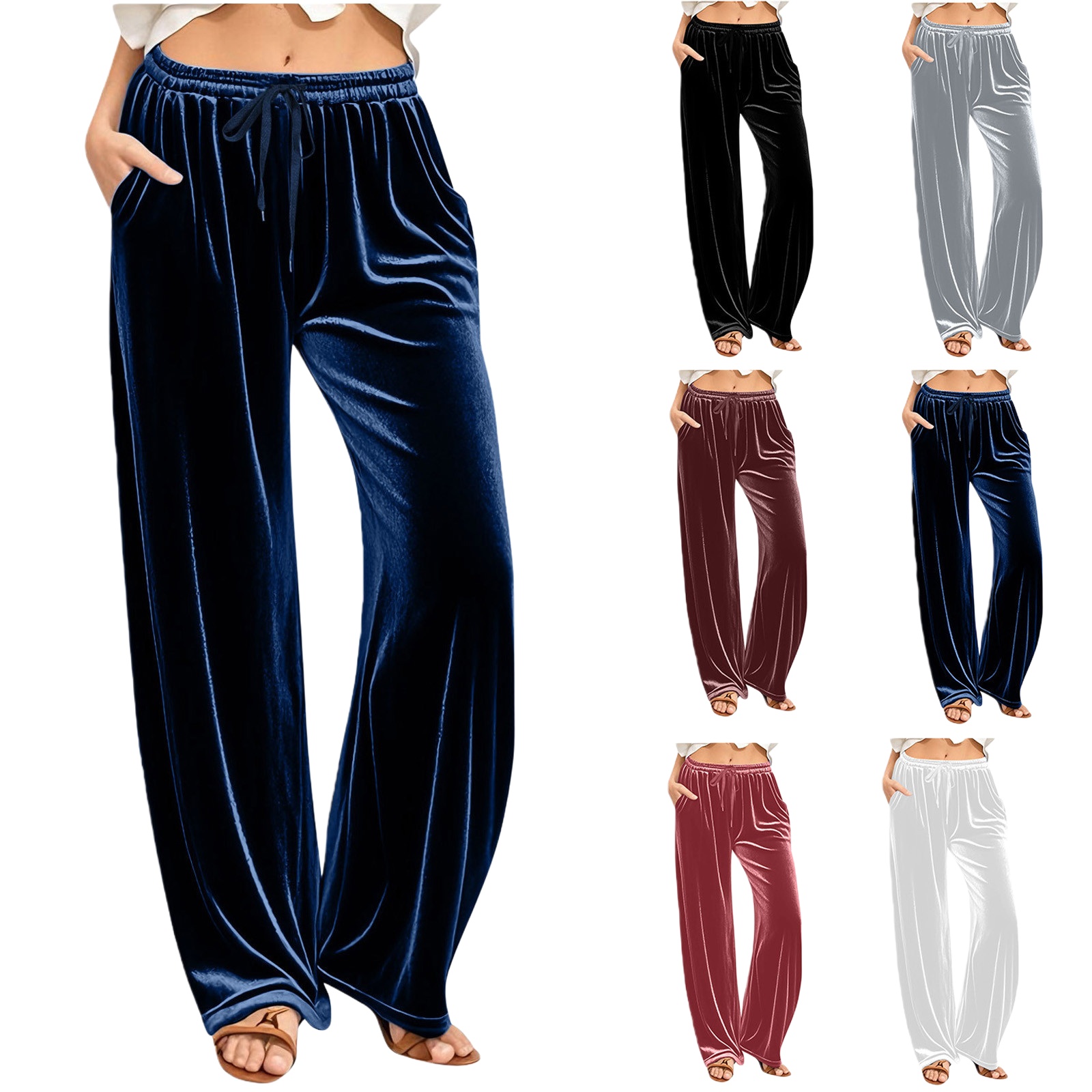Womens Velvet Wide Leg Pants Elastic Waist Loose Fit Lounge Trousers